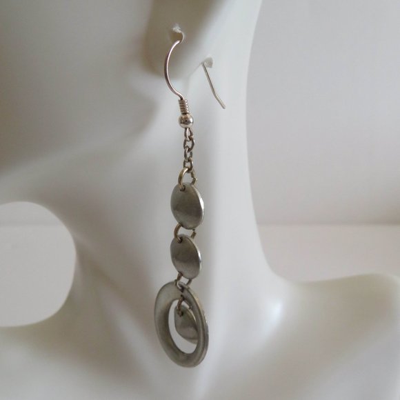 Silver Geometric Circles/Discs Dangle Earrings, EUC - Picture 2 of 7